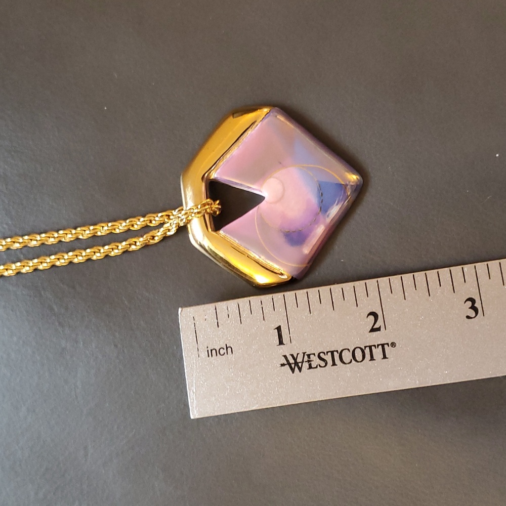 Vintage Gold Purple Blue Hand Painted Artist Signed Geometric Pendant Necklace - Picture 11 of 12